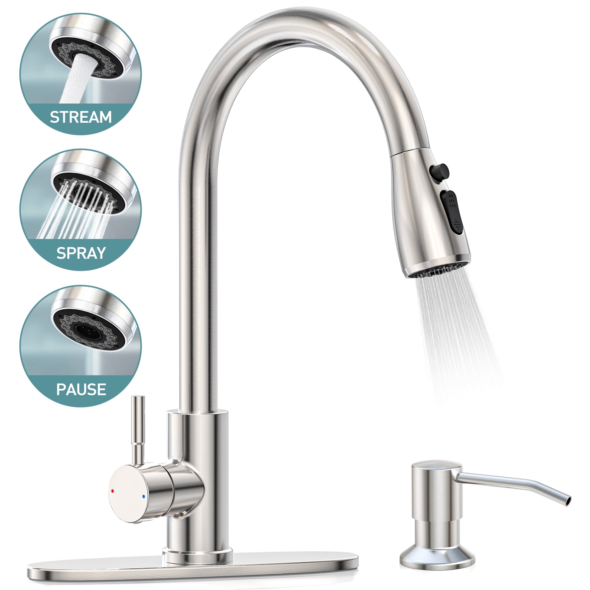 Kitchen Faucet with Soap Dispenser, 3-Mode Kitchen Sink Faucet with Pull Down Sprayer, SUS304 Stainless Steel, High Arc Single Handle  Faucet w/ Deck Plate &Water Lines for RV Laundry,Brushed Nickel
