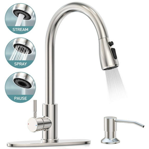 Kitchen Faucet with Soap Dispenser, 3-Mode Kitchen Sink Faucet with Pull Down Sprayer, SUS304 Stainless Steel, High Arc Single Handle Faucet w/ Deck Plate &Water Lines for RV Laundry,Brushed Nickel