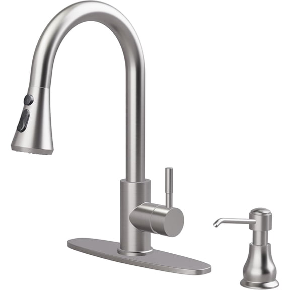Kitchen Faucet with Soap Dispenser, 3 Modes Kitchen Faucet with Pull Down Sprayer, Stainless Steel Sink Faucet for Farmhouse, Bar, and RV, with Deck Plate and 1/2'' Adapters