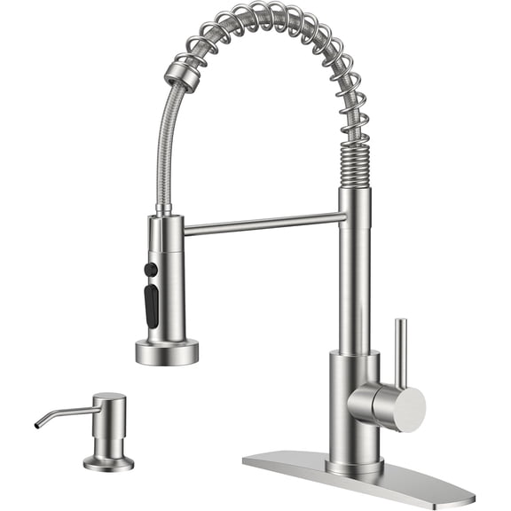 Kitchen Faucet with Soap Dispenser, Brushed Nickel Stainless Steel Sink Faucet with Sprayer Single Handle, Commercial Modern Spring Faucet for Kitchen Sink, Bar & Prep Sink, Laundry RV Camper