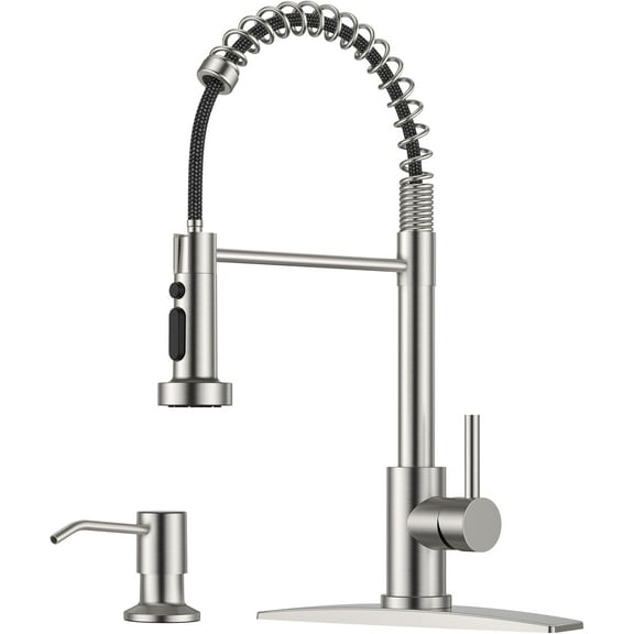 Kitchen Faucet with Soap Dispenser, Burhsed Nickel Stainless Steel Single Handle Modern Spring Commercial Sink Faucet with Pull Down Sprayer for Laundry & Utility Room RV Camp Bar Farmhouse