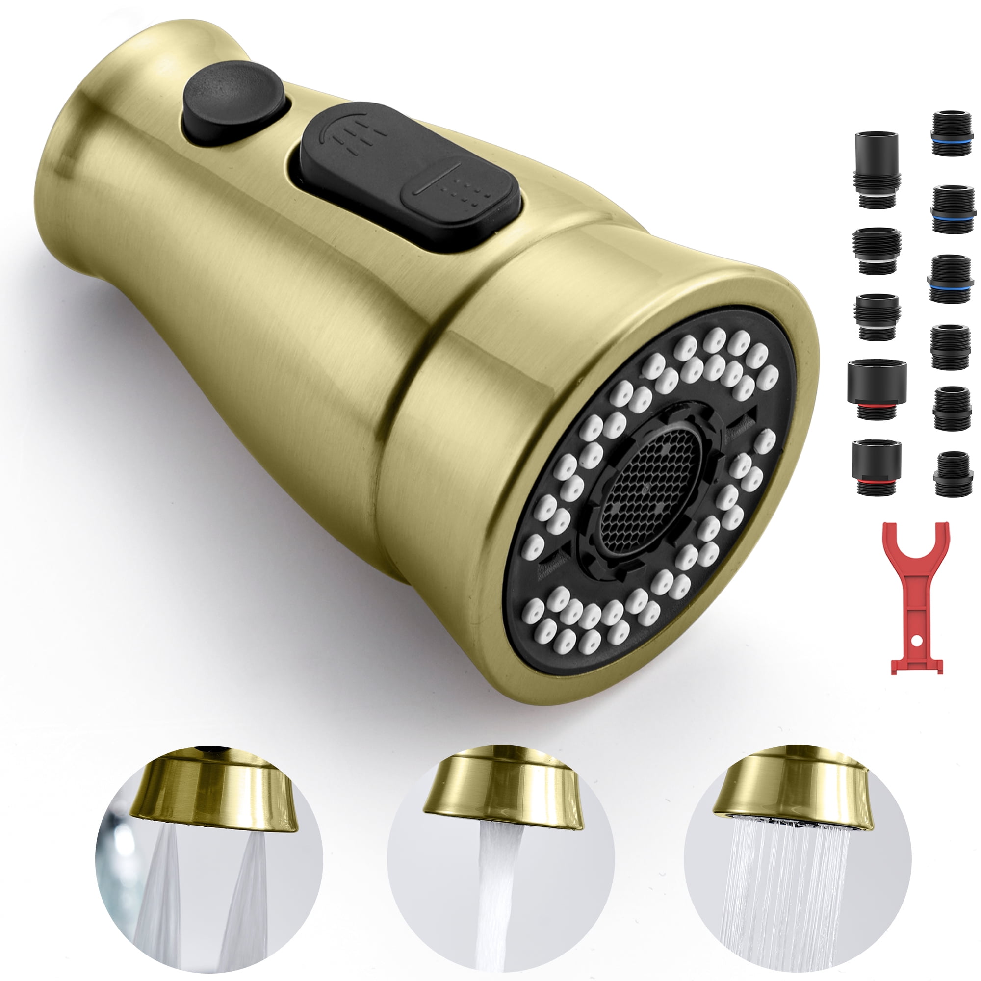 Brushed Gold 3-Function Kitchen Faucet Sprayer Head with Adapters