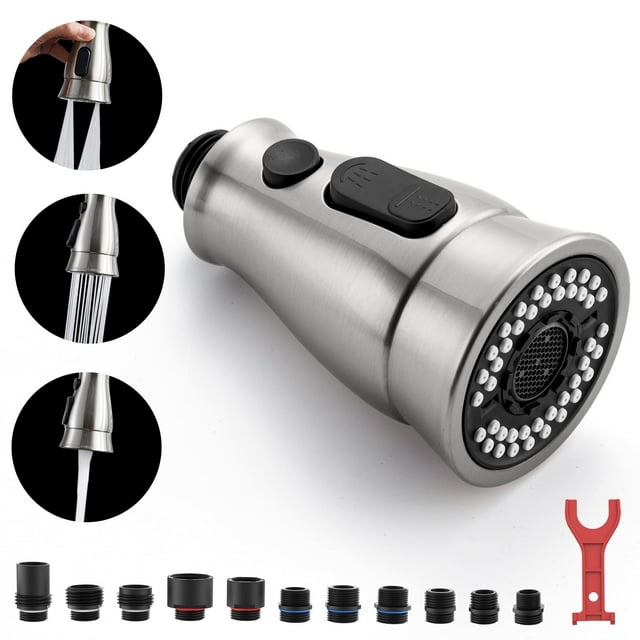 Kitchen Faucet Sprayer Head Replacement - Pull Down Faucet Spray Head with 15 Adapters, Pull Out Faucet Sprayer Nozzle, 3 Function Kitchen Tap Spray Spout Part Connector, Brushed Nickel