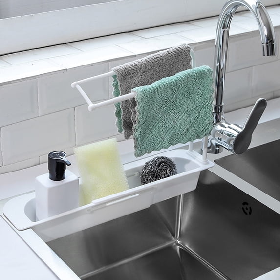 Kitchen Faucet Storage Rack No-Drill Sink Caddy Sponge Rag Soap Holder Plastic Drain Rack for Household Kitchen Organization,Sink Caddy,Kitchen Organizer,White,1PC