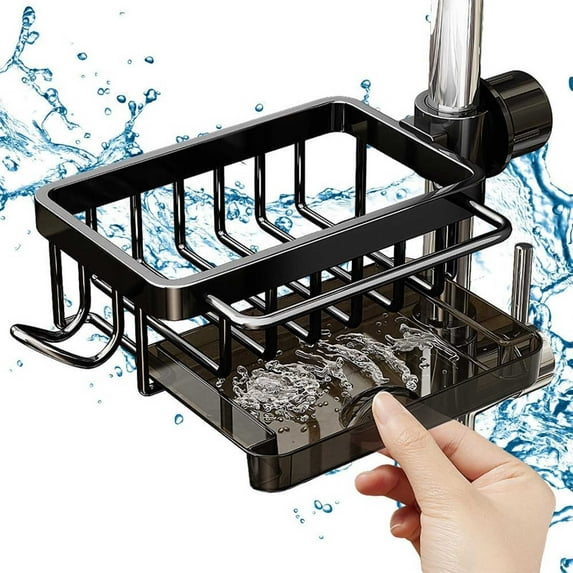 Kitchen Faucet Storage Rack Organizer | Space Aluminum, No-Drill, Hollowed Out Sink Caddy, Quick-Dry Design, Drip Tray, Multifunction Hooks, Efficient Bathroom & Kitchen Countertop Decluttering | 1