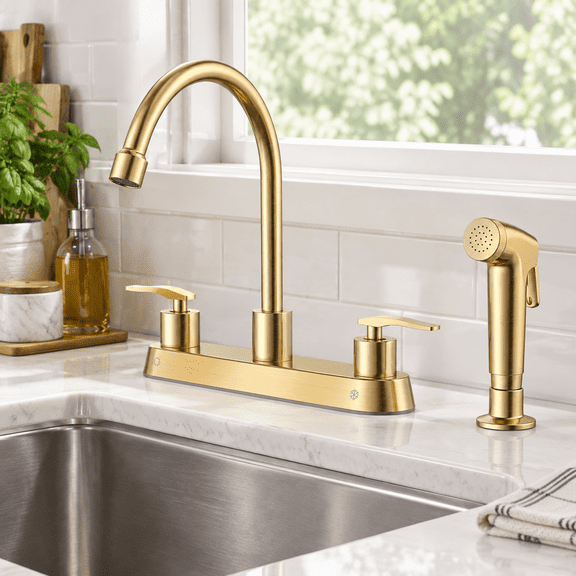 Kitchen Faucet With Side Sprayer 2 Handle 8 Inches 4 Holes Centerset Sink And Separate Pull Out Stainless Steel Taps Supply Lines
