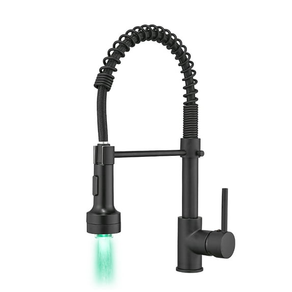 Kitchen Faucet with Sprayer, Modern Single Handle Pull Down Sprayer Spring Matte Black Kitchen Sink Faucet with LED Light