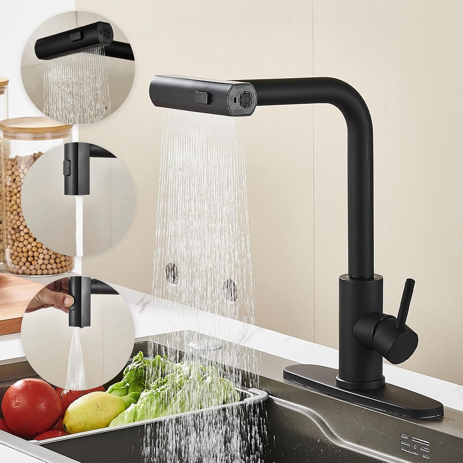 Kitchen Faucets with Pull Down Sprayer, Black Waterfall Touch Single ...