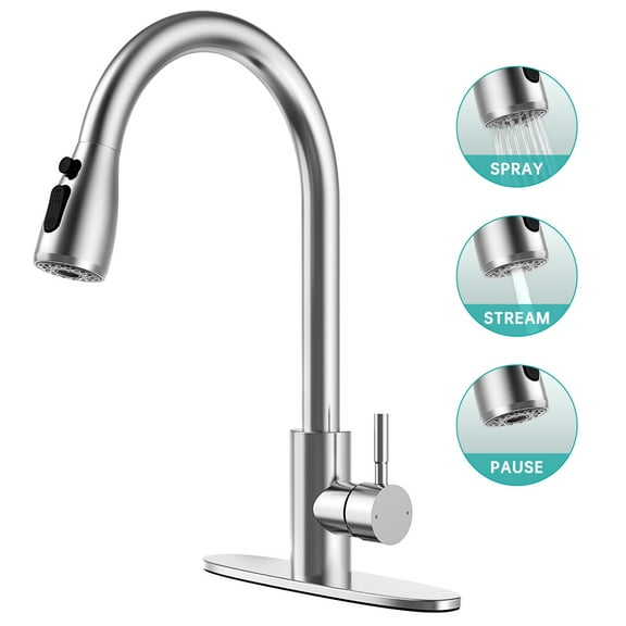 Kitchen Faucets with Pull Down Sprayer, Single Handle Kitchen Sink Faucet with Deck Plate, Brushed Nickel & SUS304 Stainless Steel, Commercial Modern rv Kitchen Faucets for Bar, Laundry, Utility Sink