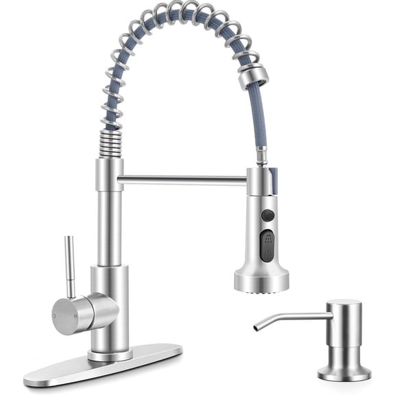 Kitchen Faucets with Soap Dispenser Brushed Nickel, Stainless Steel Commercial Pull Out Spring Sink Faucets with Pull Down Sprayer 3 Modes for Farmhouse Laundry Rv Wet Bar