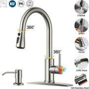 Kitchen Faucets with Soap Dispenser and Pull Out Sprayer(3 Modes), Stainless Steel Brushed Nickel Kitchen Sink Faucet with Deck Plate and 360 Swivel High Arc Faucet for RV Bar Laundry Camper