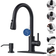 TVOFEK Kitchen Faucet with Soap Dispenser, Stainless Steel Matte Black Kitchen Sink Faucets with Pull Down Sprayer fit 1 or 3 Hole, Single Handle Faucet for RV Bar Laundry Camper