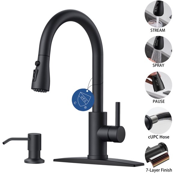 TVOFEK Kitchen Faucet with Soap Dispenser, Stainless Steel Matte Black Kitchen Sink Faucets with Pull Down Sprayer fit 1 or 3 Hole, Single Handle Faucet for RV Bar Laundry Camper