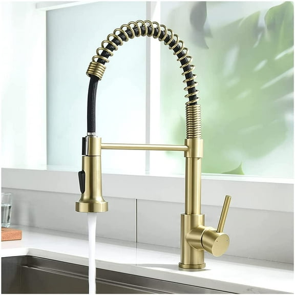 Kitchen Faucets, Solid Brass Single Handle Single Lever Pull Down Sprayer Spring Kitchen Sink Faucet High-Arc Kitchen Mixer Tap,Brushed Gold