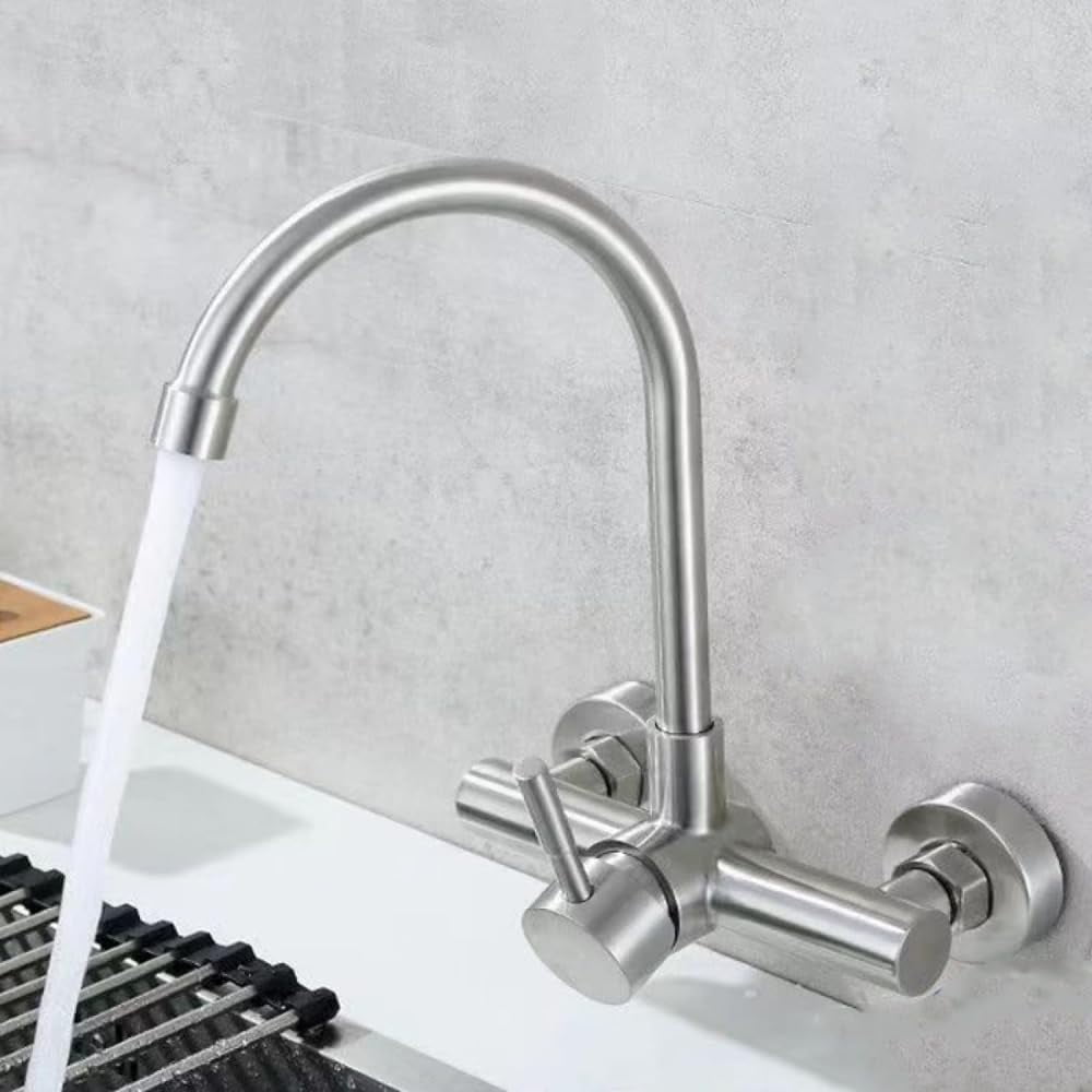 Kitchen Faucets Wall Mount,Brushed Stainless Steel Sink Mixer Tap,Swivel Spout Wall-Mounted Sink ...