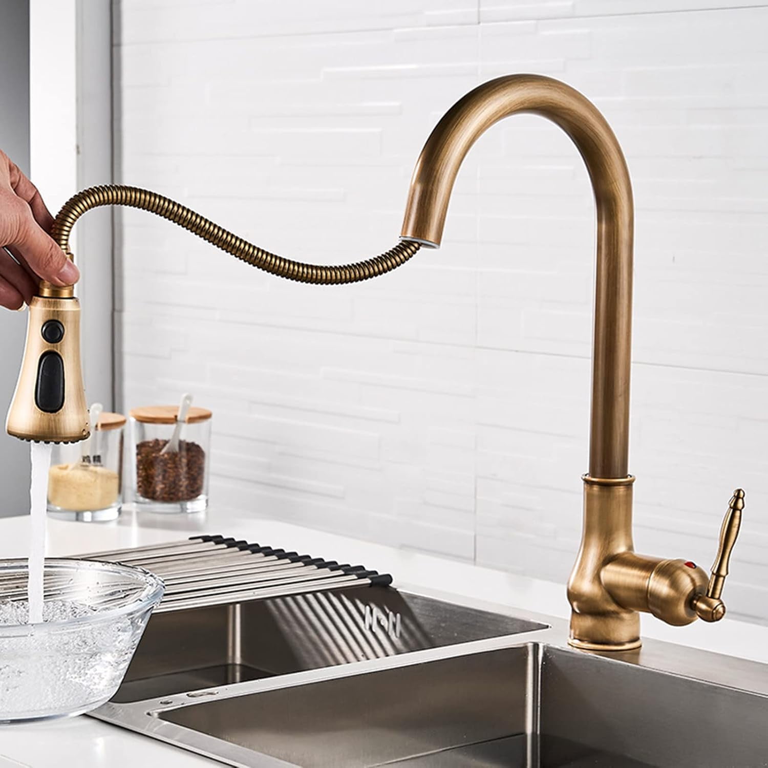 Kitchen Faucets with Pull Out Spray Antique Brass Kitchen Faucet 360° Swivel Hot and Cold Water Sink Faucet