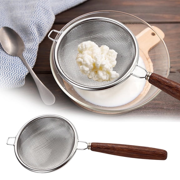 Kitchen Fine Mesh Strainers, Stainless Steel Wire Mesh Oil Strainer Skimmer with Wood Handle, Durable Flour Colander Filter Baking Tool