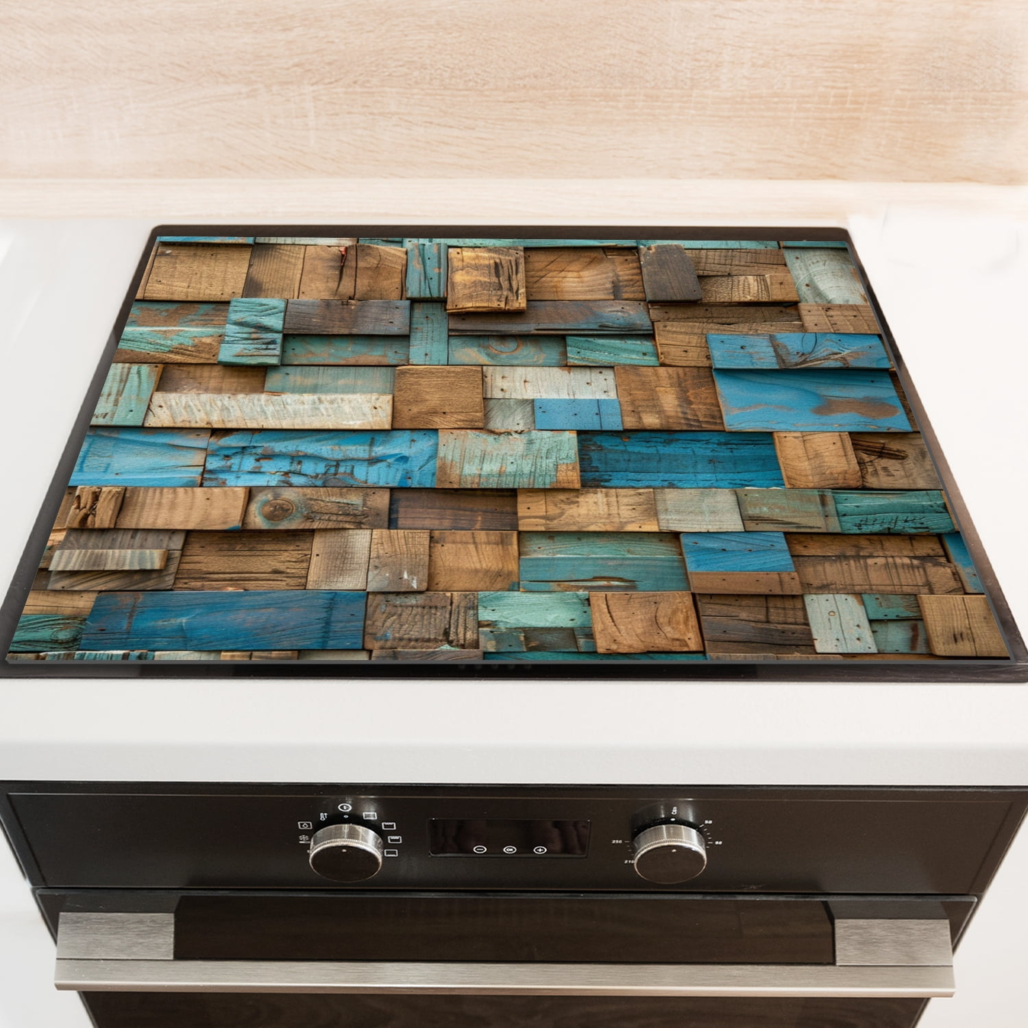 Kitchen Flat Stove Top Covers for Electric Stove, Blue and Brown Wood Rustic Distresed Pattern Non-slip Glass Cooktop Protector, Heat Resistant Pad for Kitchen RV (28×20 Inch)
