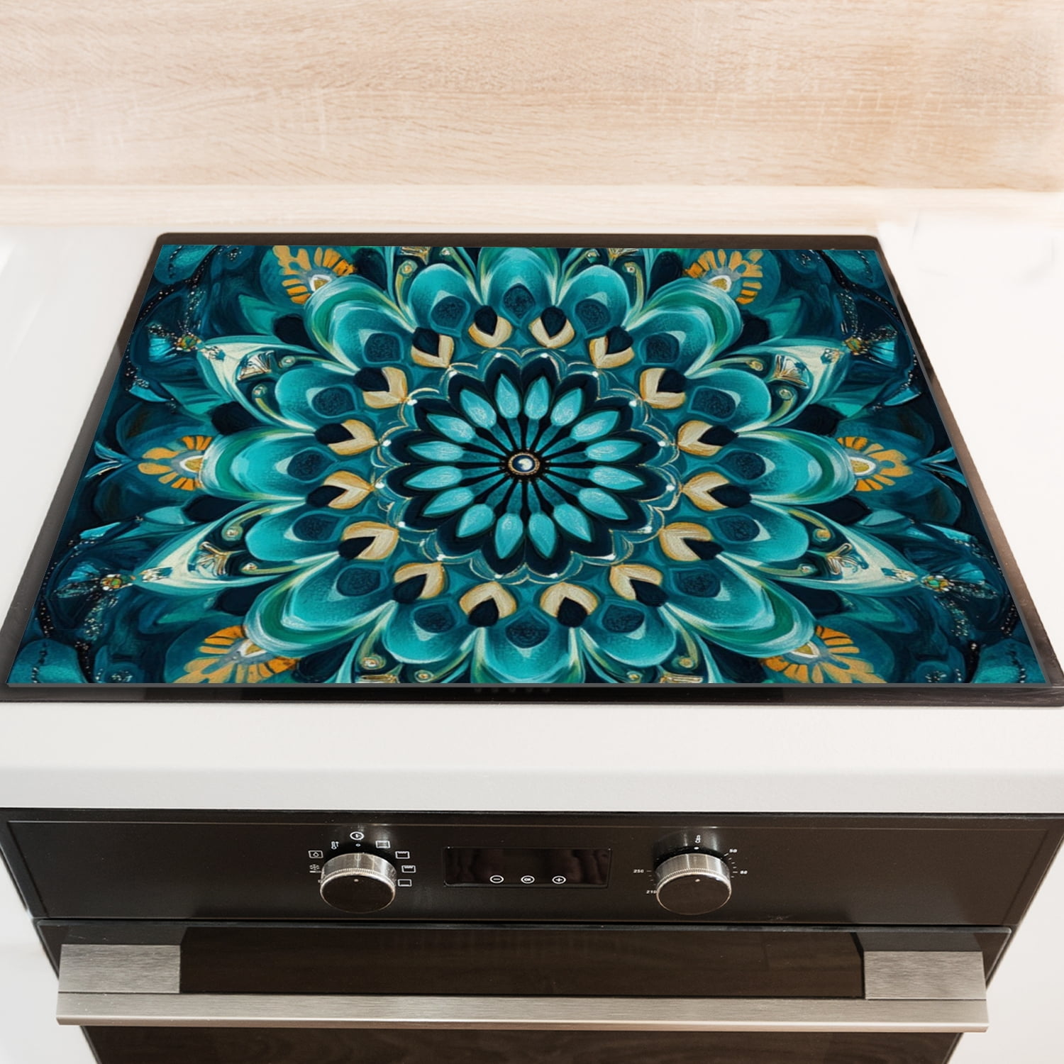 Kitchen Flat Stove Top Covers for Electric Stove, Blue Green Mandala Flowers Pattern Non-slip Glass Cooktop Protector, Heat Resistant Pad for Kitchen RV (28×20 Inch)