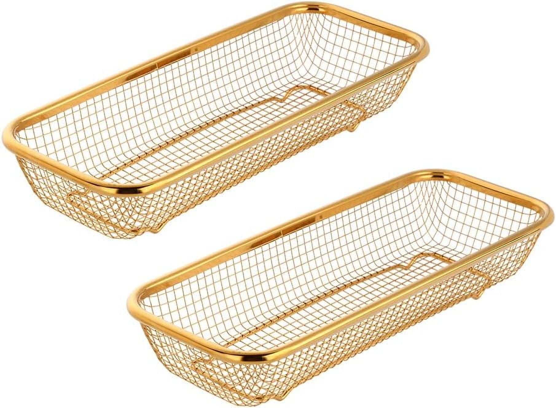 Kitchen Flatware Drawer Organizer, 2pcs Stackable Mesh Cabinet Storage Basket, Stainless Steel Kitchen Utensils Filter Drying Rack Holder for Knives, Fork, Spoon Chopsticks Gold