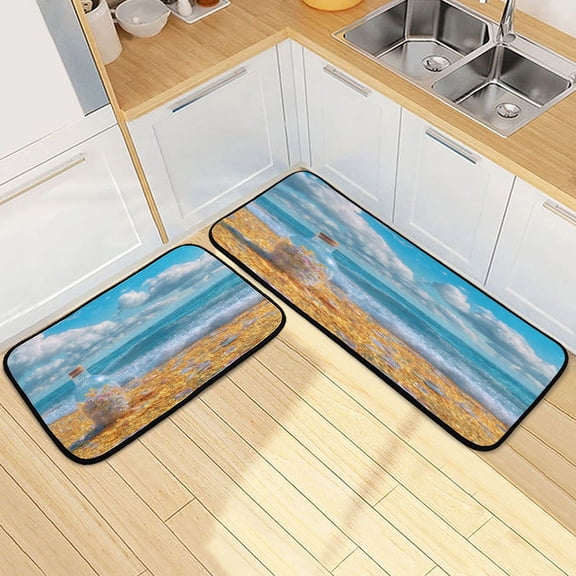 Kitchen Floor Mat 2 Sets Carpet Floor Mat Kitchen Mat Bathroom Mat Living Room Mat Bedroom Mat Absorbent Delicate Fabric No Ball Beach Golden Coin Scenery