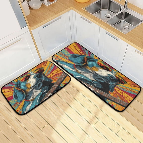Kitchen Floor Mat 2 Sets Carpet Floor Mat Kitchen Mat Bathroom Mat Living Room Mat Bedroom Mat Absorbent Delicate Fabric No Ball Beagle Playing Electric Guitar