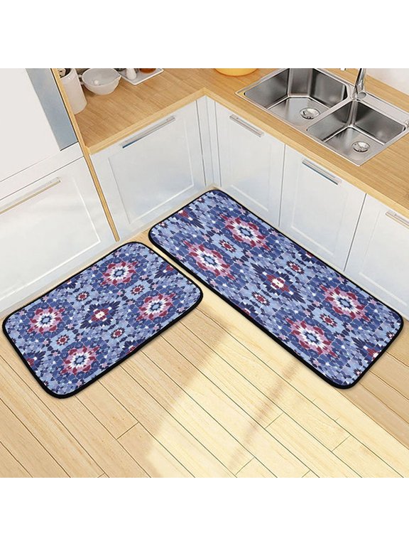 Kitchen Floor Mat 2 Sets Carpet Floor Mat Kitchen Mat Bathroom Mat Living Room Mat Bedroom Mat Absorbent Delicate Fabric No Ball Indigo Tile Ruby Accents