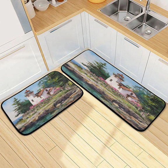 Kitchen Floor Mat 2 Sets Carpet Floor Mat Kitchen Mat Bathroom Mat Living Room Mat Bedroom Mat Absorbent Delicate Fabric No Ball Lighthouse Brown Roof