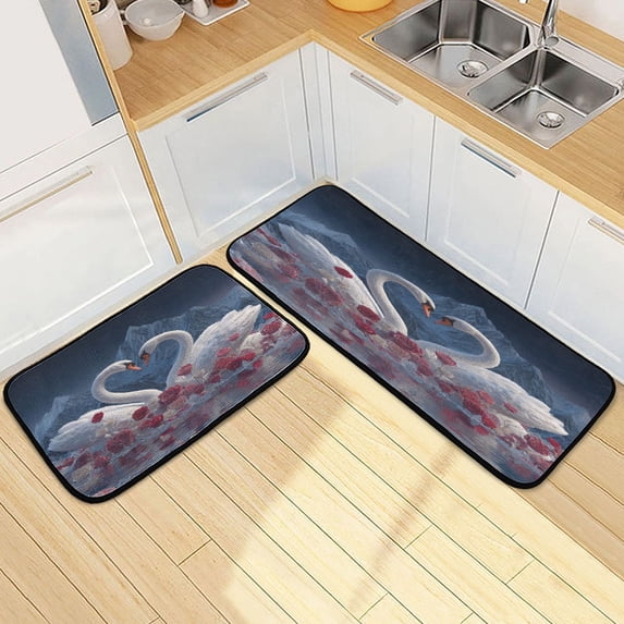 Kitchen Floor Mat 2 Sets Carpet Floor Mat Kitchen Mat Bathroom Mat Living Room Mat Bedroom Mat Absorbent Delicate Fabric No Ball Swans Surrounded by Roses