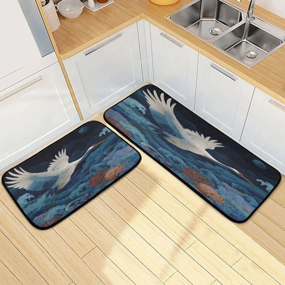Kitchen Floor Mat 2 Sets Carpet Floor Mat Kitchen Mat Bathroom Mat Living Room Mat Bedroom Mat Absorbent Delicate Fabric No Ball White Crane Moonlight