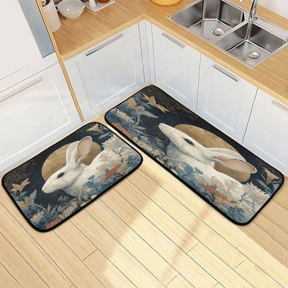 Kitchen Floor Mat 2 Sets Carpet Floor Mat Kitchen Mat Bathroom Mat Living Room Mat Bedroom Mat Absorbent Delicate Fabric No Ball White Rabbit under Moonlight