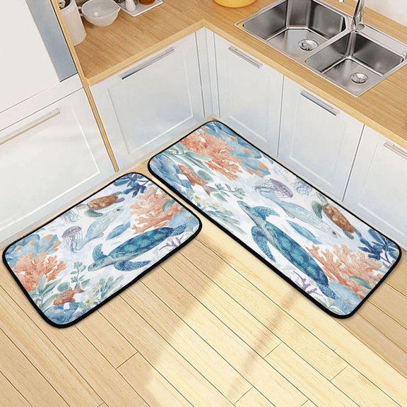Kitchen Floor Mat 2 Sets Carpet Floor Mat Kitchen Mat Bathroom Mat Living Room Mat Bedroom Mat Absorbent Delicate Fabric No Ball Turtle Coral Reef