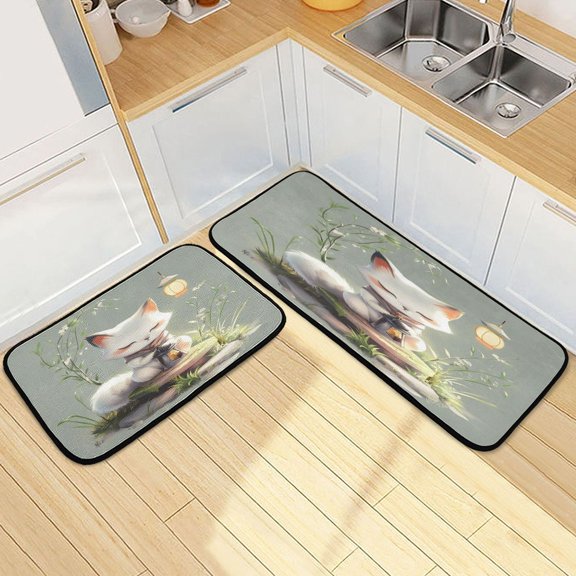 Kitchen Floor Mat 2 Sets Carpet Floor Mat Kitchen Mat Bathroom Mat Living Room Mat Bedroom Mat Absorbent Delicate Fabric No Ball White Cartoon Fox