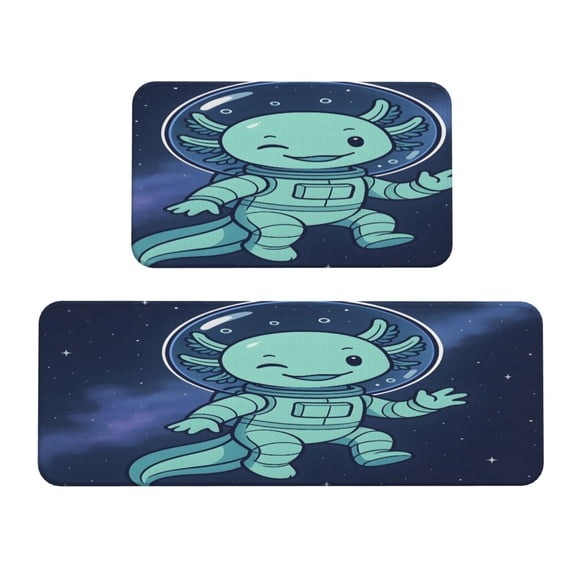 Kitchen Floor Mat 2 Sets Crystal Velvet Non-Slip Backing Water-Absorbent Stain-Resistant For Kitchen Sink Door Laundry Room Axolotl Astronaut