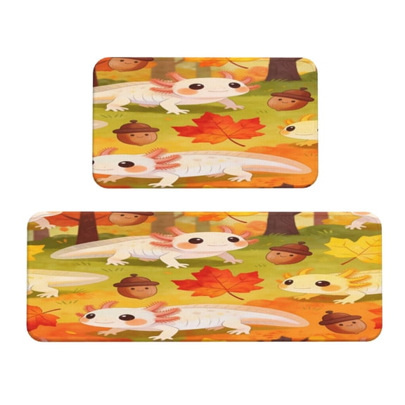 Kitchen Floor Mat 2 Sets Crystal Velvet Non-Slip Backing Water-Absorbent Stain-Resistant For Kitchen Sink Door Laundry Room Axolotl Maple Hazelnut
