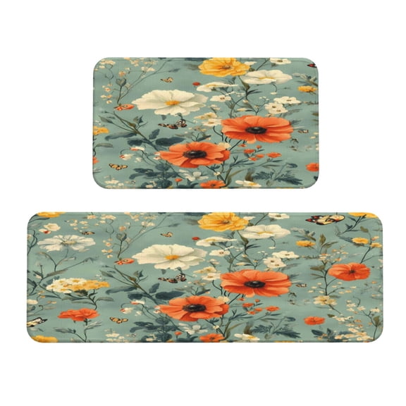 Kitchen Floor Mat 2 Sets Crystal Velvet Non-Slip Backing Water-Absorbent Stain-Resistant For Kitchen Sink Door Laundry Room Flowers (2)