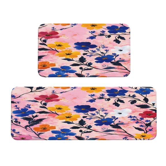 Kitchen Floor Mat 2 Sets Crystal Velvet Non-Slip Backing Water-Absorbent Stain-Resistant For Kitchen Sink Door Laundry Room Flowers (3)