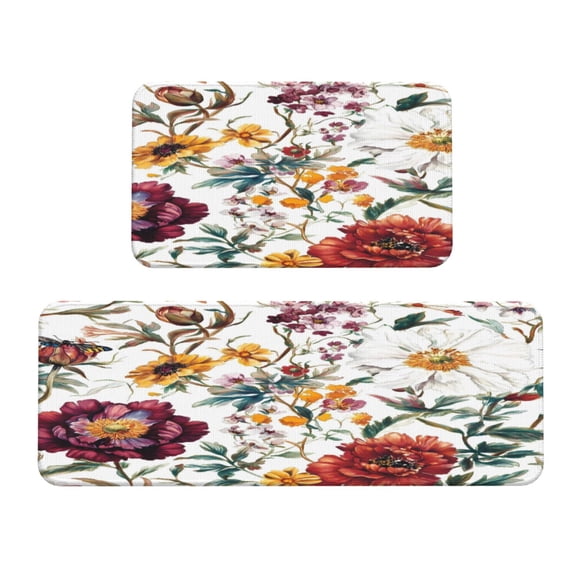 Kitchen Floor Mat 2 Sets Crystal Velvet Non-Slip Backing Water-Absorbent Stain-Resistant For Kitchen Sink Door Laundry Room Flowers