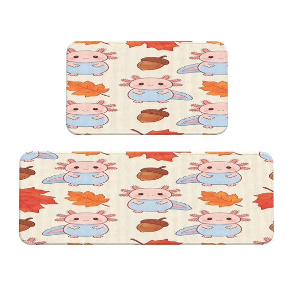 Kitchen Floor Mat 2 Sets Crystal Velvet Non-Slip Backing Water-Absorbent Stain-Resistant For Kitchen Sink Door Laundry Room Hazelnut Firefly Axolotl