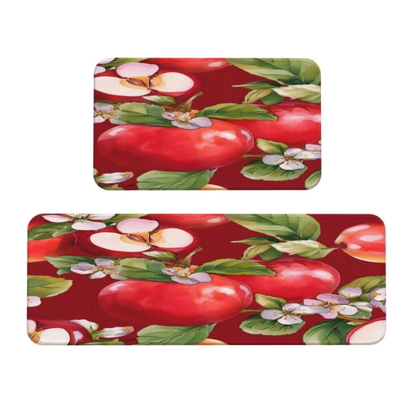 Kitchen Floor Mat 2 Sets Crystal Velvet Non-Slip Backing Water-Absorbent Stain-Resistant For Kitchen Sink Door Laundry Room Red Apple