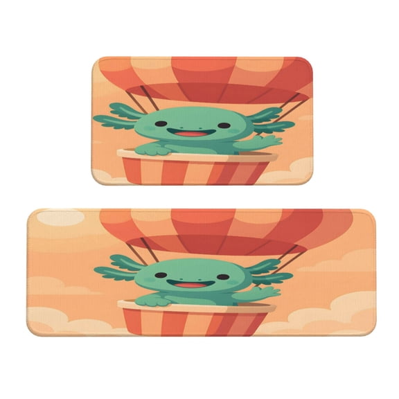 Kitchen Floor Mat 2 Sets Crystal Velvet Non-Slip Backing Water-Absorbent Stain-Resistant For Kitchen Sink Door Laundry Room Axolotl Rides A Hot Air Balloon