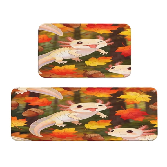 Kitchen Floor Mat 2 Sets Crystal Velvet Non-Slip Backing Water-Absorbent Stain-Resistant For Kitchen Sink Door Laundry Room Maple Leaf Hazelnut Axolotl
