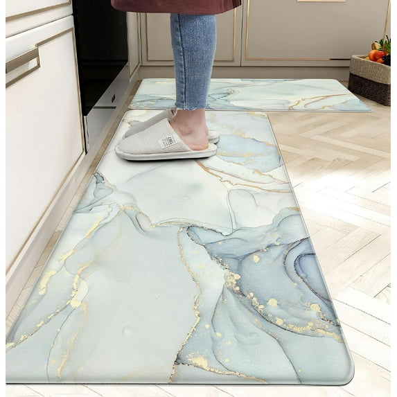 Kitchen Floor Mat Set of 2 Anti Fatigue Kitchen Rugs Marble Waterproof Non Slip Comfort Standing Padded PVC Kitchen Floor Mat for Kitchen Sink Laundry, 17.3x28+17.3X 47 inches, Light Blue