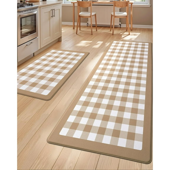 Kitchen Floor Mats Anti Fatigue, 20x29+20x59 Large Wide Cushioned Runner Rug Memory Foam, Waterproof Comfort Standing Padded Non Skid for Home Office Sink Laundry, Beige and White Buffalo Plaid