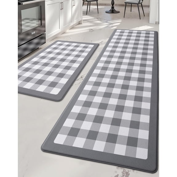 Kitchen Floor Mats Anti Fatigue, 20x29+20x59 Large Wide Cushioned Runner Rug Memory Foam, Waterproof Comfort Standing Padded Non Skid for Home Office Sink Laundry Grey and White Buffalo Plaid
