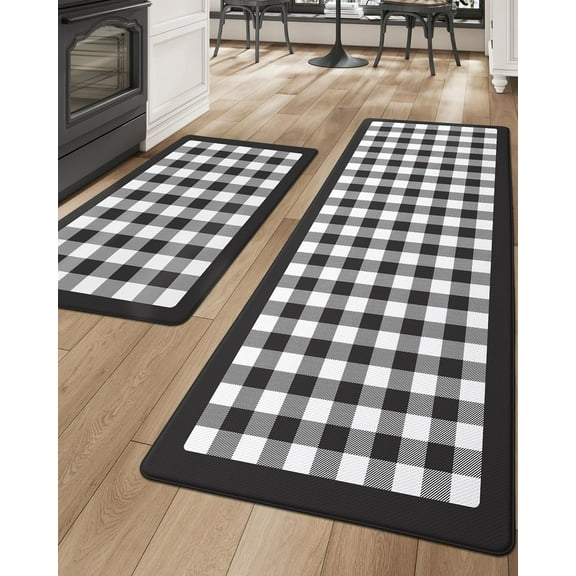 Kitchen Floor Mats Anti Fatigue, 20x29+20x59 Large Wide Cushioned Runner Rug Memory Foam, Waterproof Comfort Standing Padded Non Skid for Home Office Sink Laundry, Black and White Buffalo Plaid