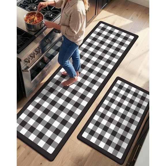 Kitchen Floor Mats Anti Fatigue, 20x29+20x59 Large Wide Cushioned Runner Rug Memory Foam, Waterproof Comfort Standing Padded Non Skid for Home Office Sink Laundry, Black and White Buffalo Plaid