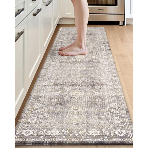 Kitchen Floor Mats Cushioned Anti Fatigue, 23x86 Long Wide Standing Comfort Runner Rug, Waterproof Retro Floral Memory Foam Padded for Front Sink Laundry, Beige Grey