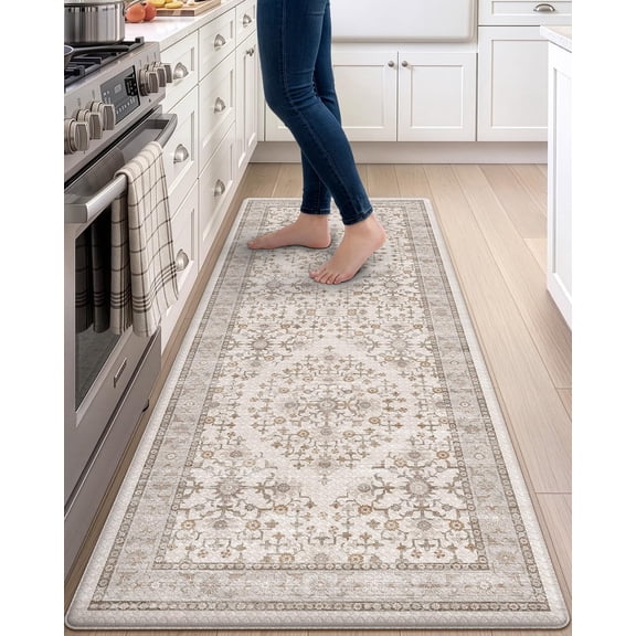 Kitchen Floor Mats Cushioned Anti Fatigue Runner Rug, 23x59 | Beige/White Soft Comfort Memory Foam, Easy Care, Waterproof, Standing Padded for Front Sink Laundry Office Farmhouse