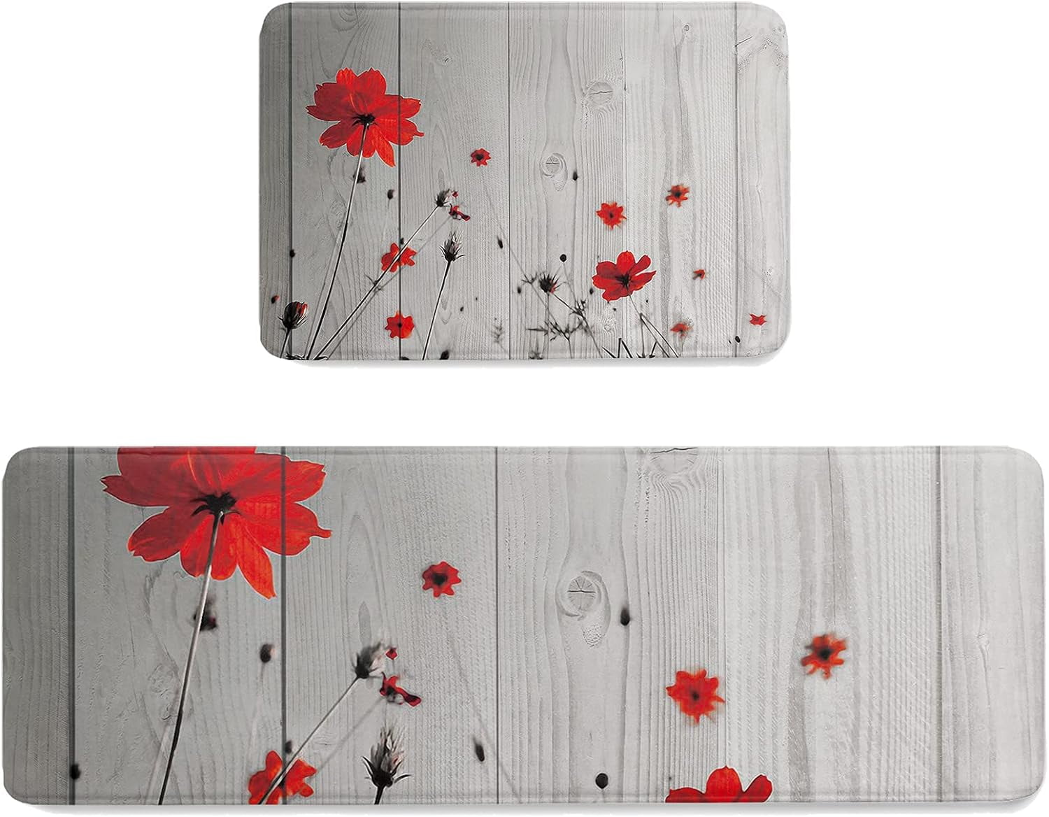 Kitchen Floor Mats, Farmhouse Red Poppy Flower Wood Plank 2 PCS Anti Fatigue Area Runner Rugs Set Blossom Wild Floral Non-Slip Bathroom Comfort Standing Mat Home Decor